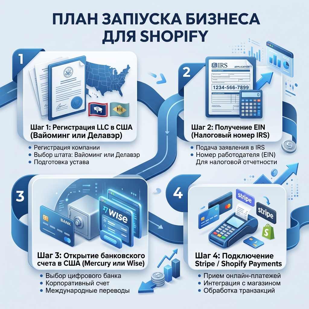Схема сквозного процесса регистрации компании, получения EIN, открытия цифрового банковского счета и интеграции Shopify-Stripe